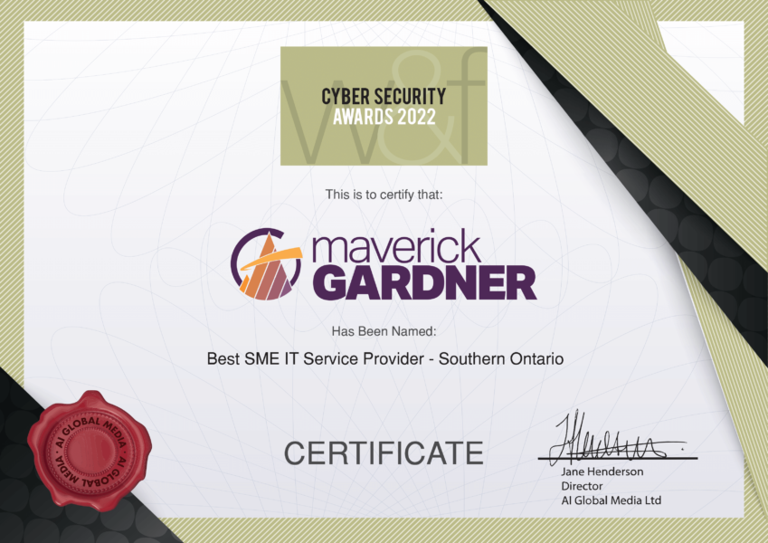 May22322 - Maverick Gardner ITS Inc. - 2022 Cyber Security Awards Certificate-2 BEST SME